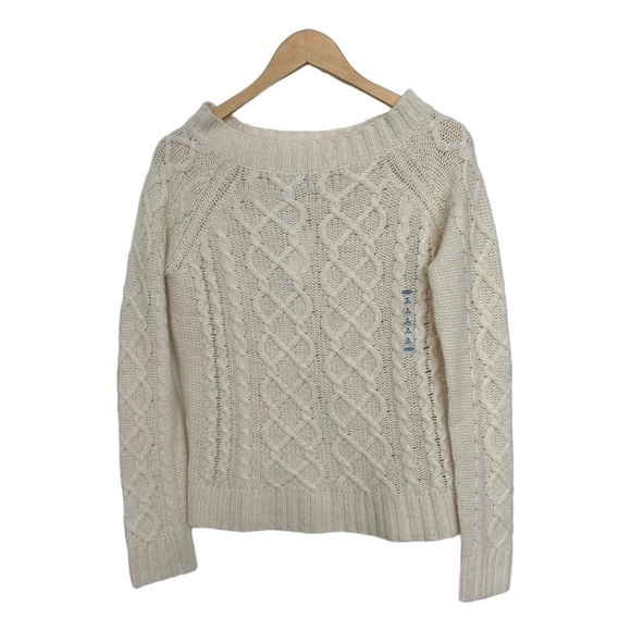 Old Navy NEW Lambswool Cable Knit Sweater Boatneck Long Sleeve Cream Size Medium - Picture 6 of 11